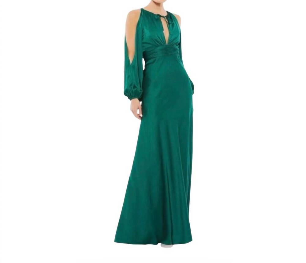 NEW MAC DUGGAL satin cold shoulder keyhole gown in emerald green